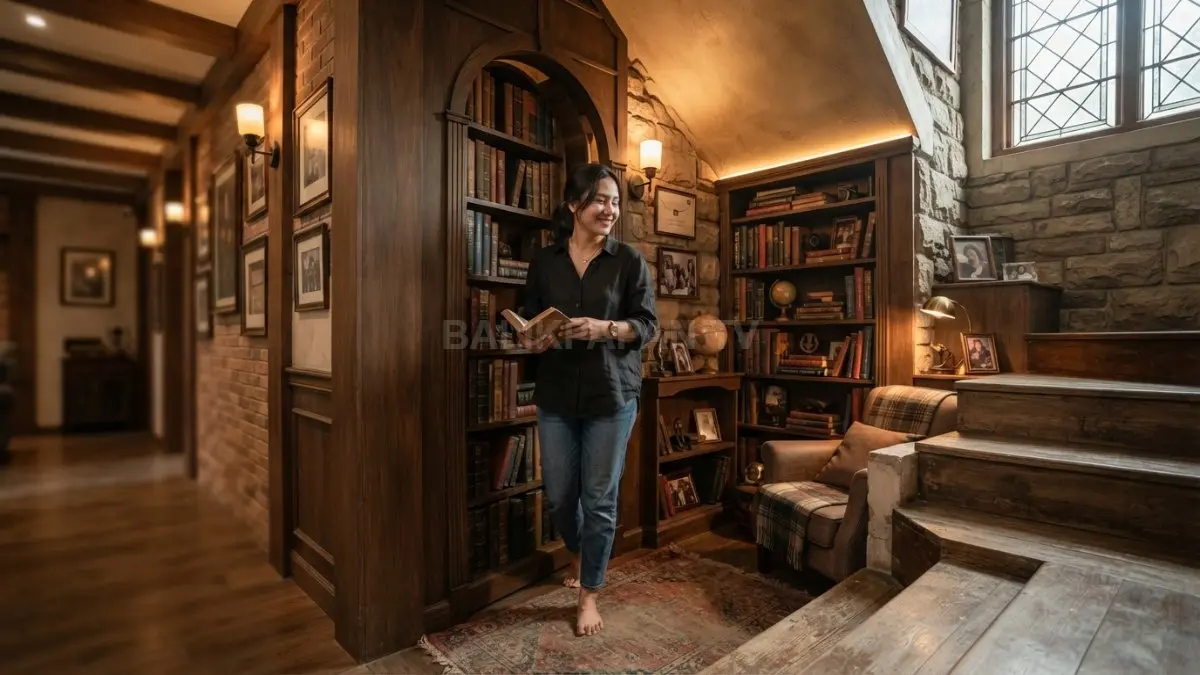 Tangga, koridor klasik, dan pintu tersembunyi menghadirkan nuansa rumah Harry Potter yang misterius sekaligus fungsional. (BTV/AI)
