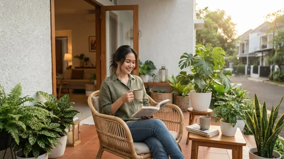 Teras minimalis dengan kursi rotan dan tanaman hijau menciptakan suasana natural, nyaman, hangat, serta menyegarkan (BTV/AI).
