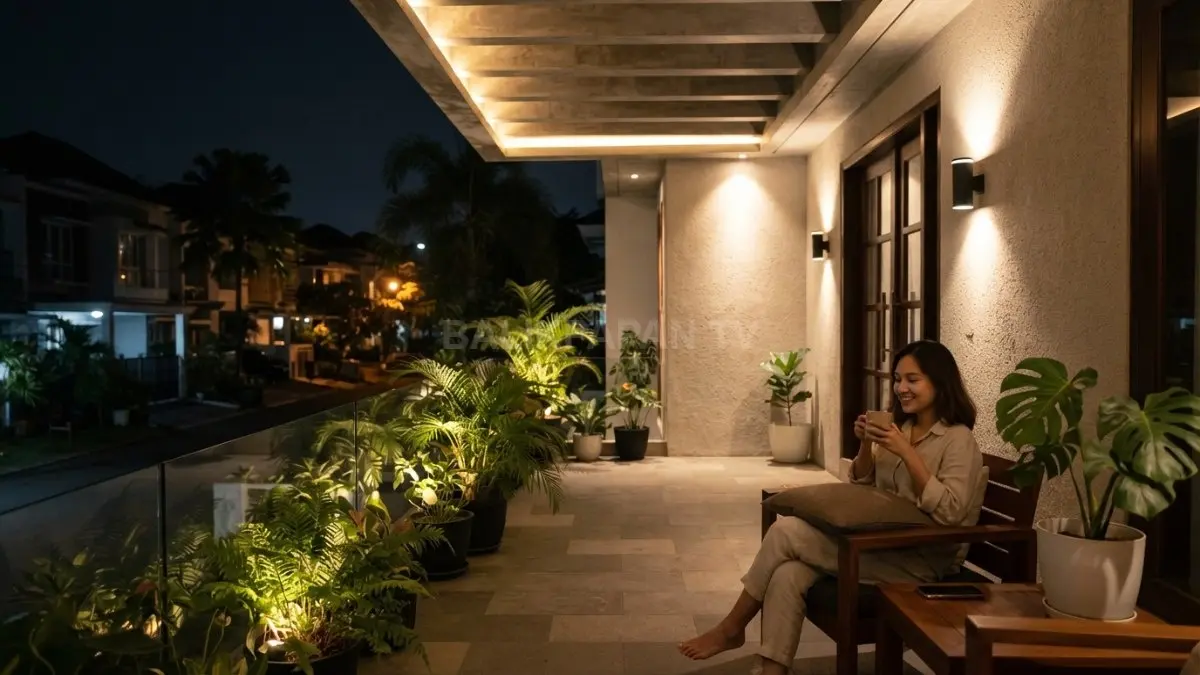 Teras minimalis dengan warm white menghadirkan suasana hangat, nyaman, dan elegan saat malam (BTV/AI).