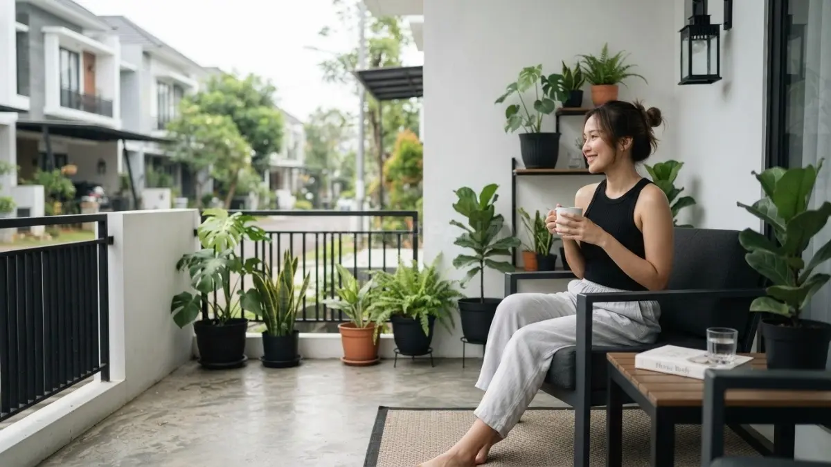 Teras monokrom dengan aksen tanaman hijau menciptakan suasana minimalis, segar, dan tetap hangat (BTV/AI).