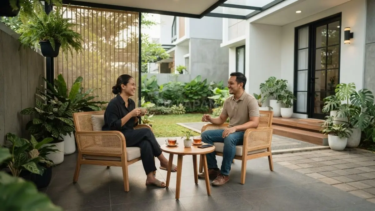 Teras multifungsi dengan furnitur ramping menciptakan area santai sekaligus nyaman untuk menerima tamu di rumah (BTV/AI)