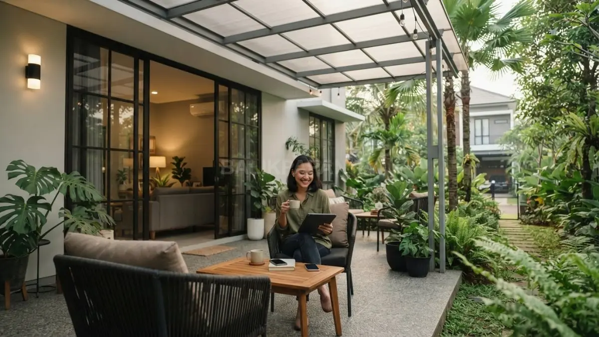 Teras semi-outdoor dengan kanopi menghadirkan ruang nyaman, terlindungi cuaca, dan tetap terhubung halaman depan rumah (BTV/AI).