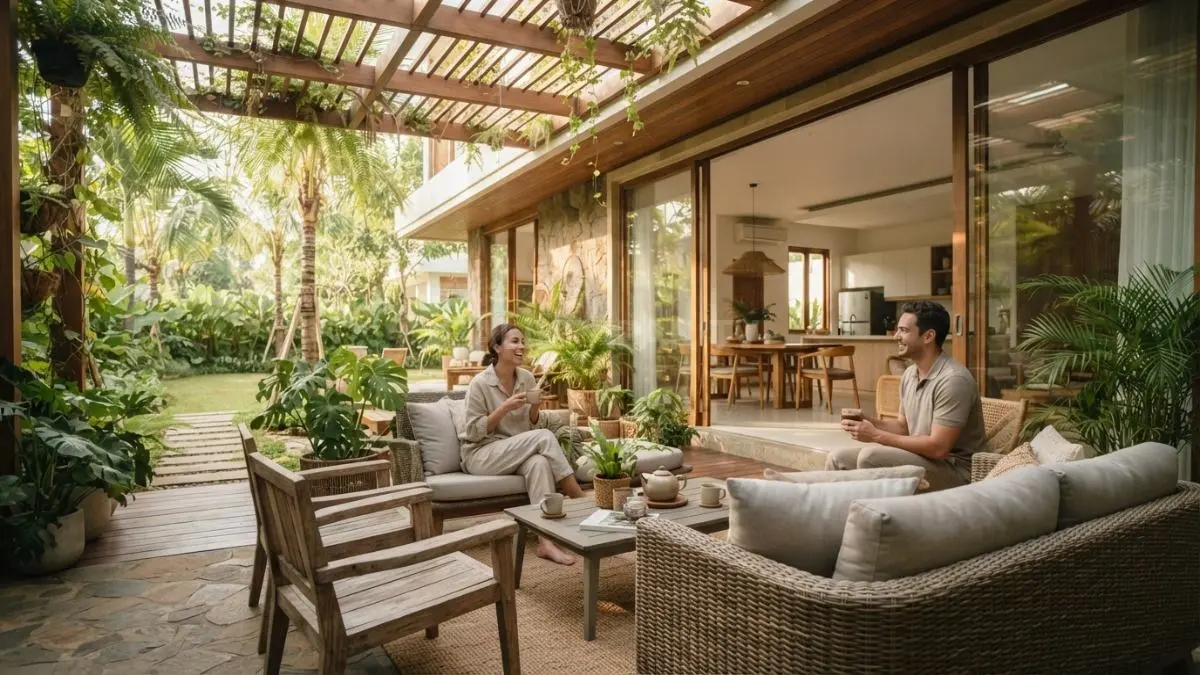 Teras tradisional menjadi ruang transisi terbuka dengan tanaman, tempat duduk, dan bukaan lebar untuk interaksi keluarga. (BTV/AI)
