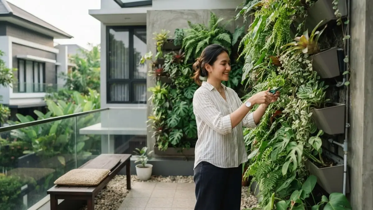 Vertical garden menjadi solusi teras sempit dengan tanaman hijau yang mempercantik fasad tanpa memakan banyak ruang (BTV/AI).