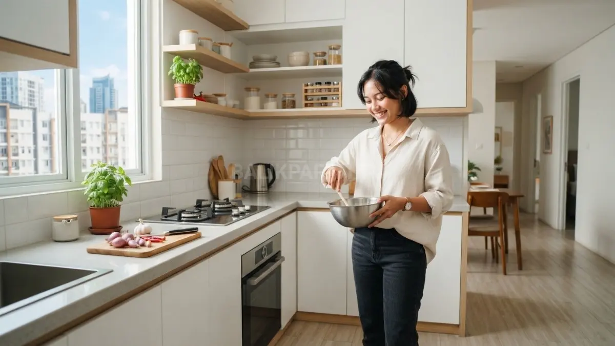 Warna terang membuat dapur kecil terasa lapang, cerah, rapi, hangat, dan tetap estetik tanpa berlebihan (BTV/AI). 