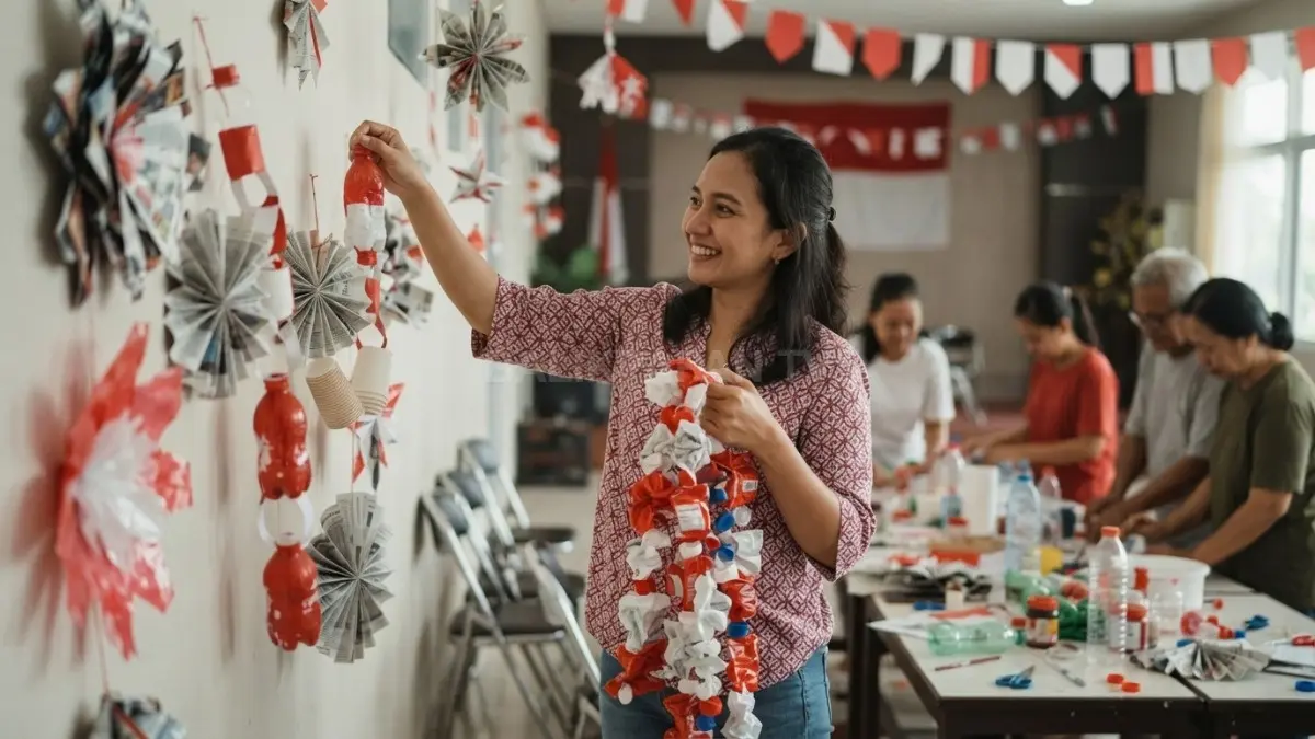 Barang bekas disulap menjadi dekorasi merah putih kreatif, hemat, rapi, dan penuh semangat kemerdekaan bersama warga (BTV/AI)
