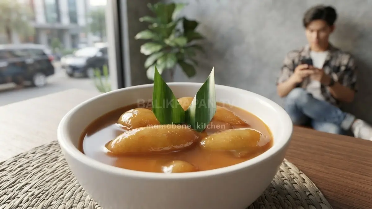 Bubur Gunting khas Pontianak disajikan dengan kacang hijau kupas, kuah kental, dan cakwe renyah. (BTV/AI)