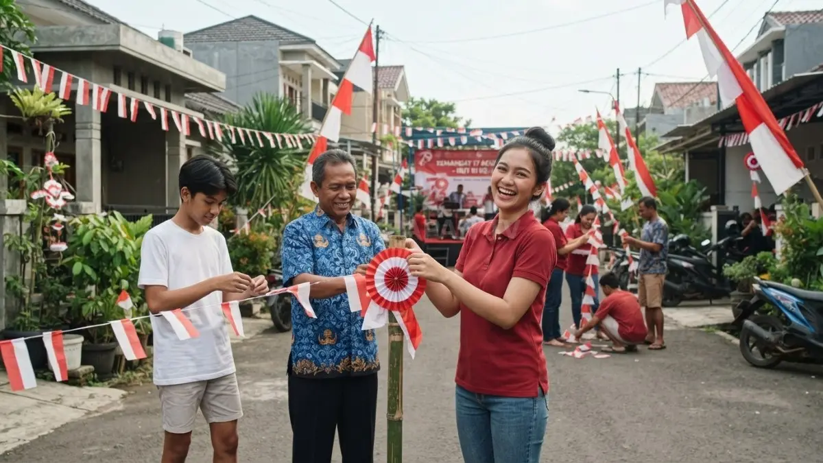 Dekorasi 17 Agustus kreatif, hemat, dan meriah, mempererat kebersamaan warga melalui gotong royong bersama (BTV/AI)

