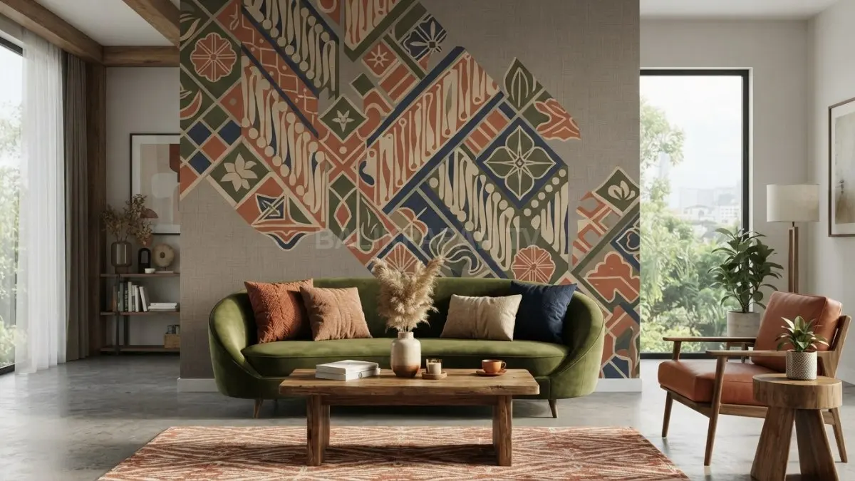 Dinding batik bernuansa kontemporer memadukan motif tradisional dengan warna terracotta, hijau zaitun, dan beige elegan. (BTV/AI)