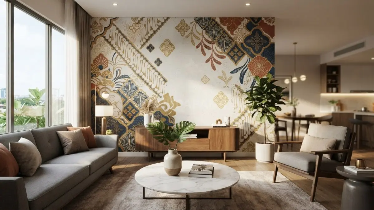 Dinding batik menghadirkan karakter rumah melalui motif tradisional, warna modern, dan skala pola yang disesuaikan. (BTV/AI)