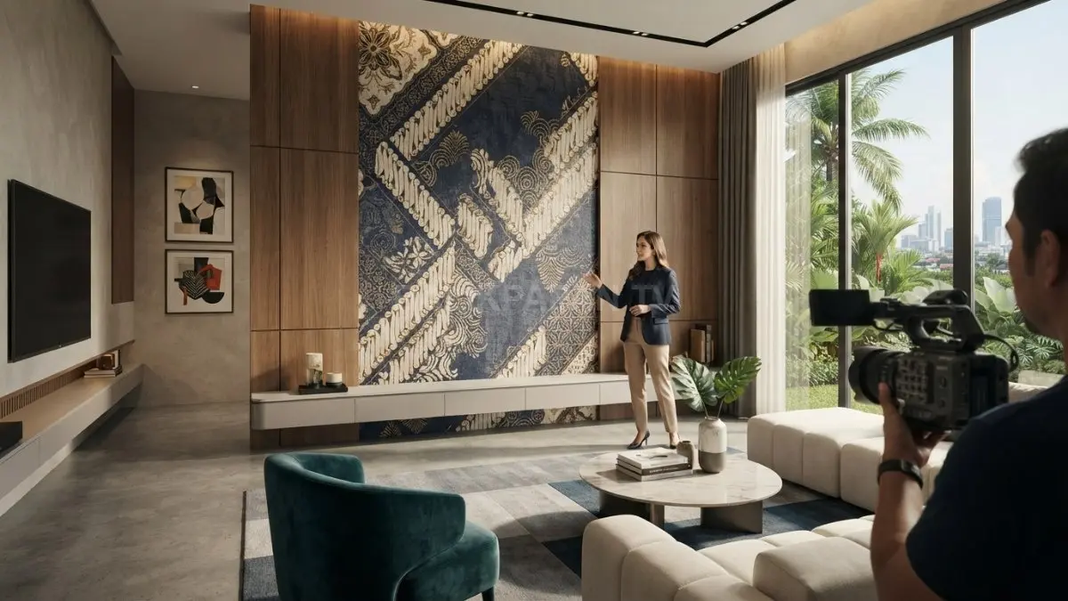Dinding bernuansa batik memadukan motif tradisional, warna modern, dan material interior untuk memperkuat karakter rumah. (BTV/AI)