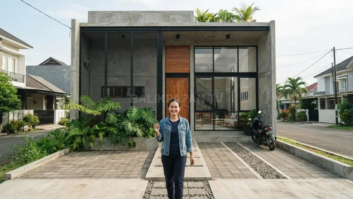 Fasad rumah industrial 7x10 meter memadukan beton ekspos, kisi-kisi besi, kayu, dan kaca modern. (BTV/AI)