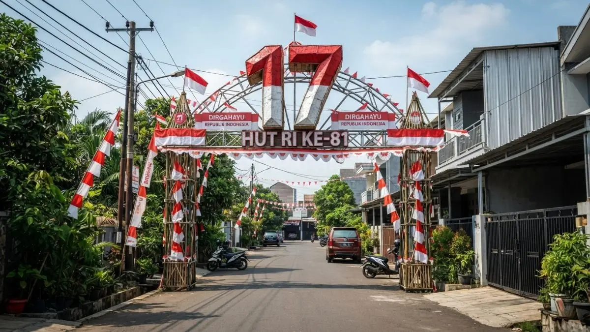 Gapura 3D angka 17 dengan desain menonjol dapat menjadi dekorasi sekaligus spot foto warga. (BTV/AI)