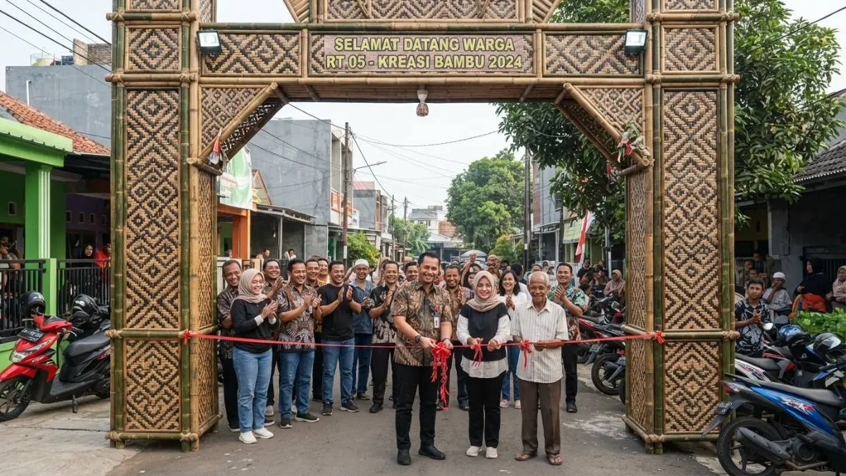 Gapura bambu dan anyaman menghadirkan sentuhan tradisional sekaligus natural dengan material yang mudah ditemukan. *(Sumber: Balikpapan TV)*
