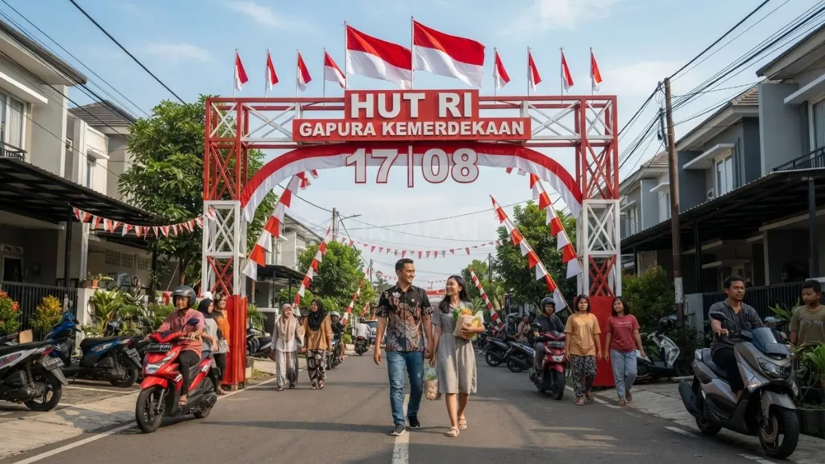 Gapura bertema “Gerbang Kemerdekaan” menampilkan angka 17|08, bendera kecil, dan dominasi merah putih. (Sumber: Balikpapan TV)