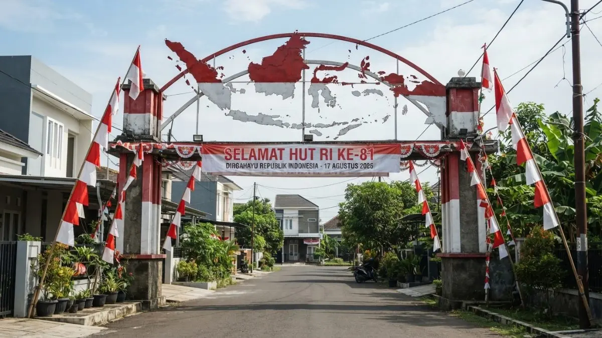 Gapura bertema peta Indonesia dengan ornamen merah putih menghadirkan nuansa nasionalisme yang kuat. (BTV/AI)