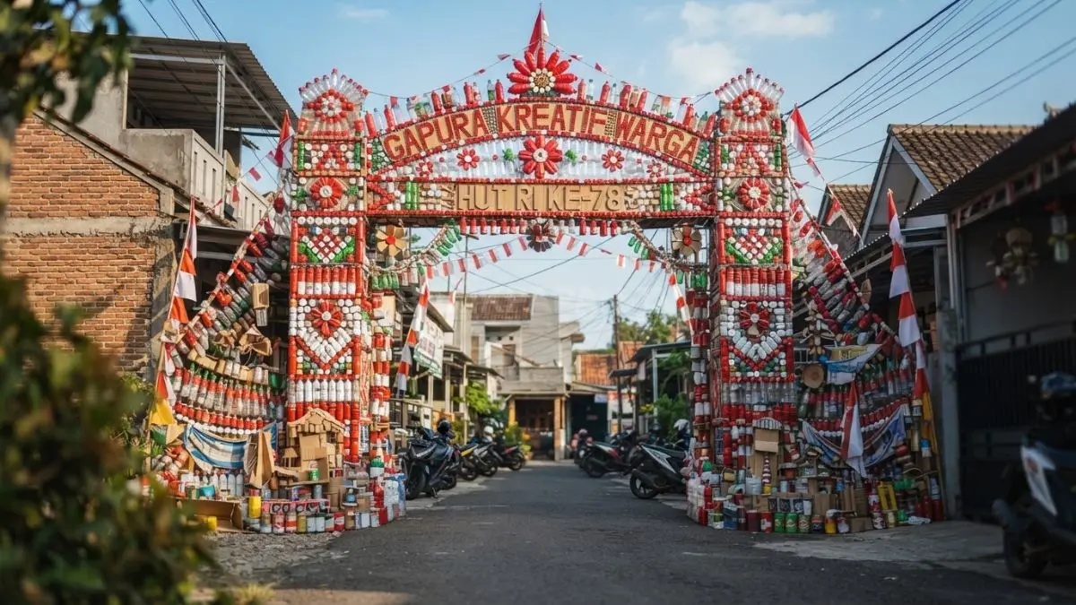 Gapura dari barang bekas memanfaatkan botol plastik, kardus, kaleng, dan kain bekas sebagai ornamen merah putih. (BTV/AI)