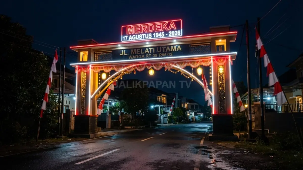 Gapura dengan lampu LED merah putih membuat dekorasi tetap menonjol pada malam hari. (BTV/AI)