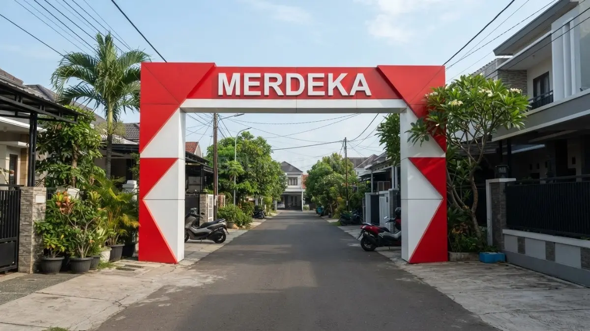 Gapura full merah putih bergaya minimalis dengan bentuk geometris dan tulisan “MERDEKA”. (BTV/AI)