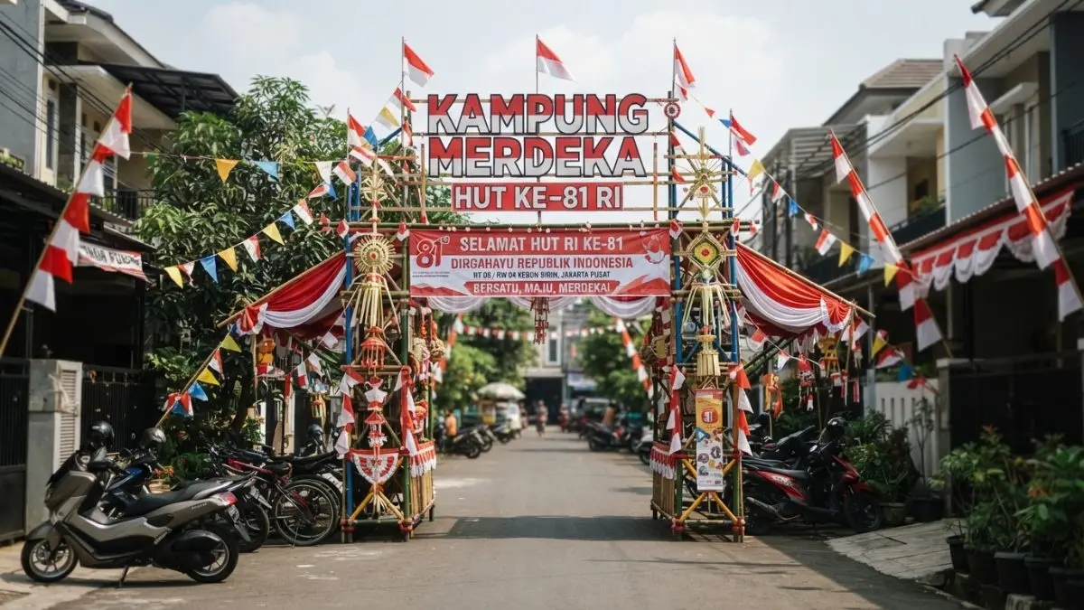 Gapura “Kampung Merdeka” dengan papan nama besar, ornamen merah putih, dan karya kreatif warga. (BTV/AI)