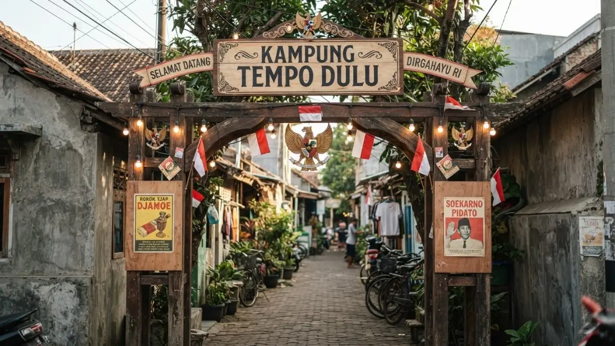 Gapura kampung tempo dulu dengan papan kayu, lampu bohlam, poster vintage, dan ornamen perjuangan. (BTV/AI)