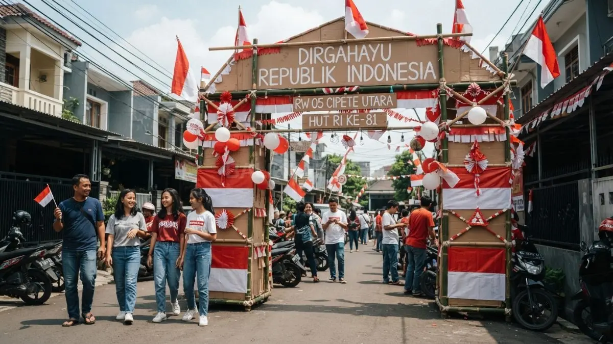 Gapura merah putih dari bambu dan kardus mempercantik pintu masuk perayaan kemerdekaan warga bersama. (BTV/AI)
