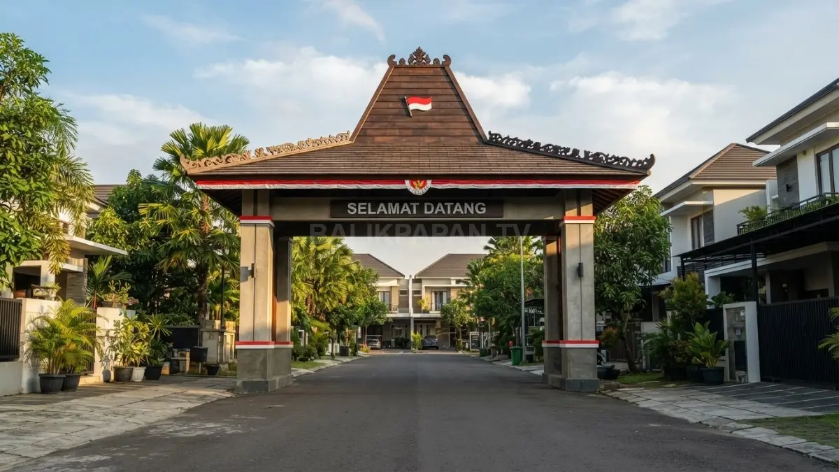 Gapura terinspirasi rumah adat Nusantara dengan ornamen merah putih untuk memperkuat nuansa budaya dan kemerdekaan. (BTV/AI)