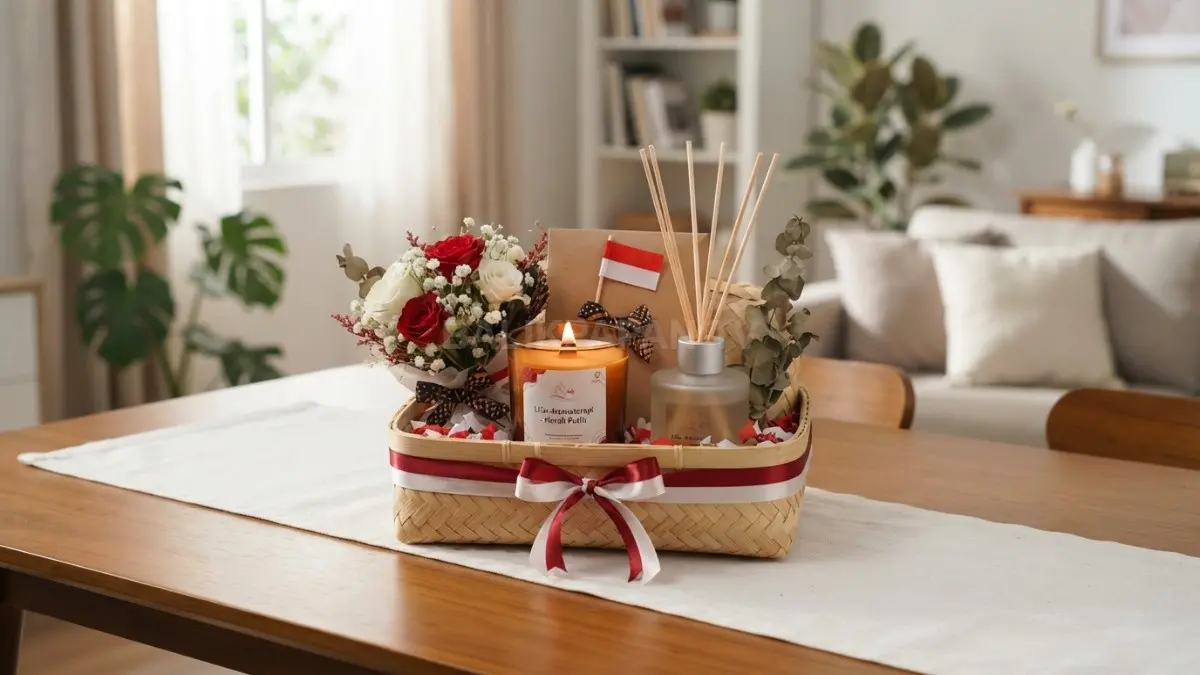 Hampers lilin aromaterapi nuansa merah putih tampil estetik sebagai hadiah lomba Kemerdekaan Indonesia yang menawan. (BTV/Ai)