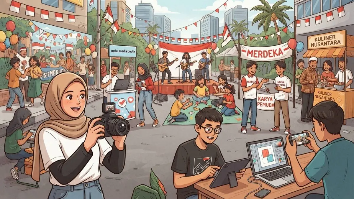 Ilustrasi Anak muda berpartisipasi dalam kegiatan kreatif, mendokumentasikan kemerdekaan, mengelola media sosial, serta mempromosikan aktivitas lingkungan secara digital (BTV/AI)