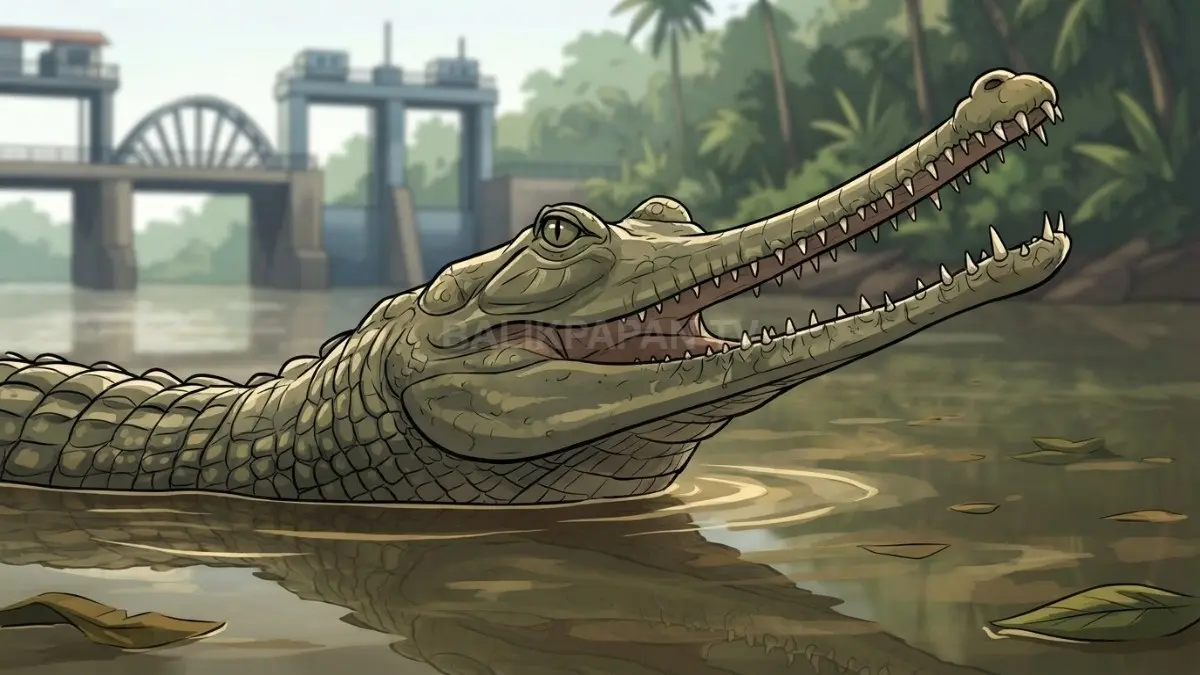 Ilustrasi Buaya sepit terlihat di Sungai, menjadi kewaspadaan masyarakat terhadap keberadaan reptil liar sekitar permukiman (BTV/AI)