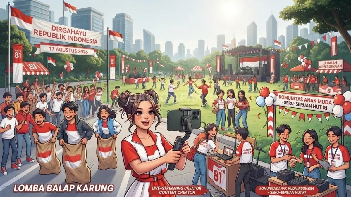 Ilustrasi Gen Z merayakan HUT RI melalui lomba, konten kreatif, kepanitiaan, dan aktivitas komunitas bersama (BTV/AI)