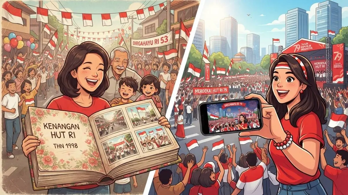 Ilustrasi perayaan kemerdekaan Indonesia memperlihatkan perbandingan tradisi dokumentasi album foto dengan penggunaan ponsel di era digital (BTV/AI)
