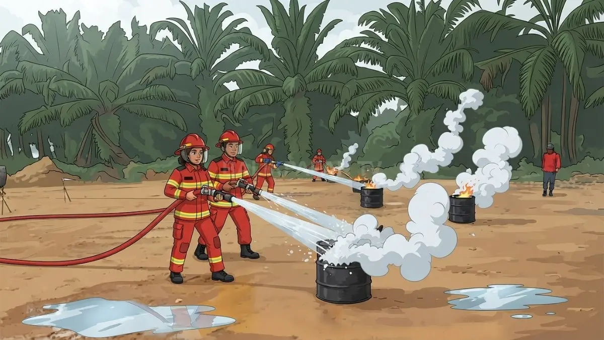 Ilustrasi peserta simulasi pemadaman Karhutla PT HPM bersama Manggala Agni mengikuti latihan kesiapsiagaan dan pengendalian kebakaran hutan (BTV/AI)