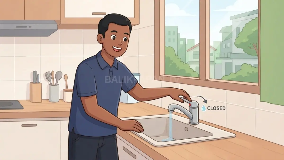 Ilustrasi seseorang mencuci tangan sambil menghemat air dengan menutup keran setelah selesai digunakan. (BTV/AI)