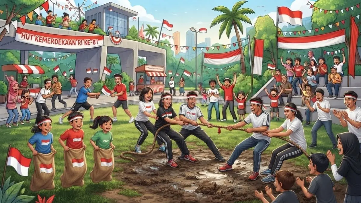 Ilustrasi suasana lomba tradisional menghadirkan kebersamaan seru melalui balap karung dan tarik tambang bersama komunitas meriah (BTV/AI)