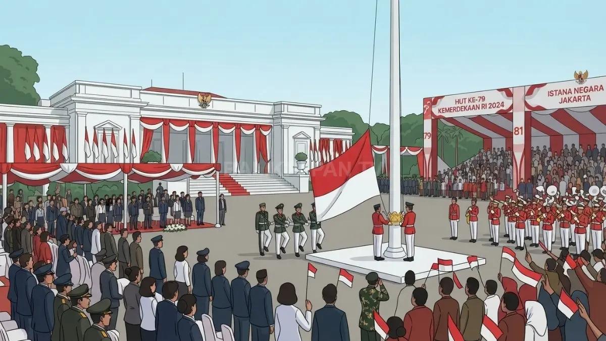 Ilustrasi upacara kemerdekaan Indonesia berlangsung khidmat dengan pengibaran bendera Merah Putih sebagai simbol perjuangan bangsa (BTV/AI)
