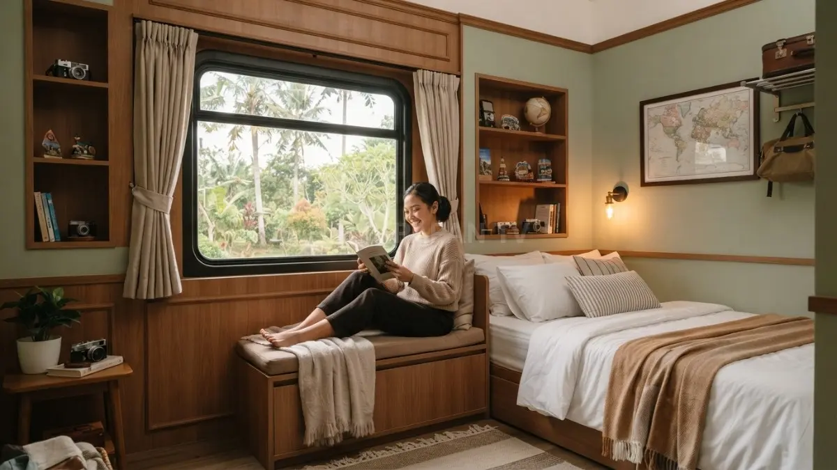Jendela kamar bergaya kereta menjadi focal point dengan bingkai gelap, tirai lembut, bangku, dan pemandangan taman. (BTV/AI)
