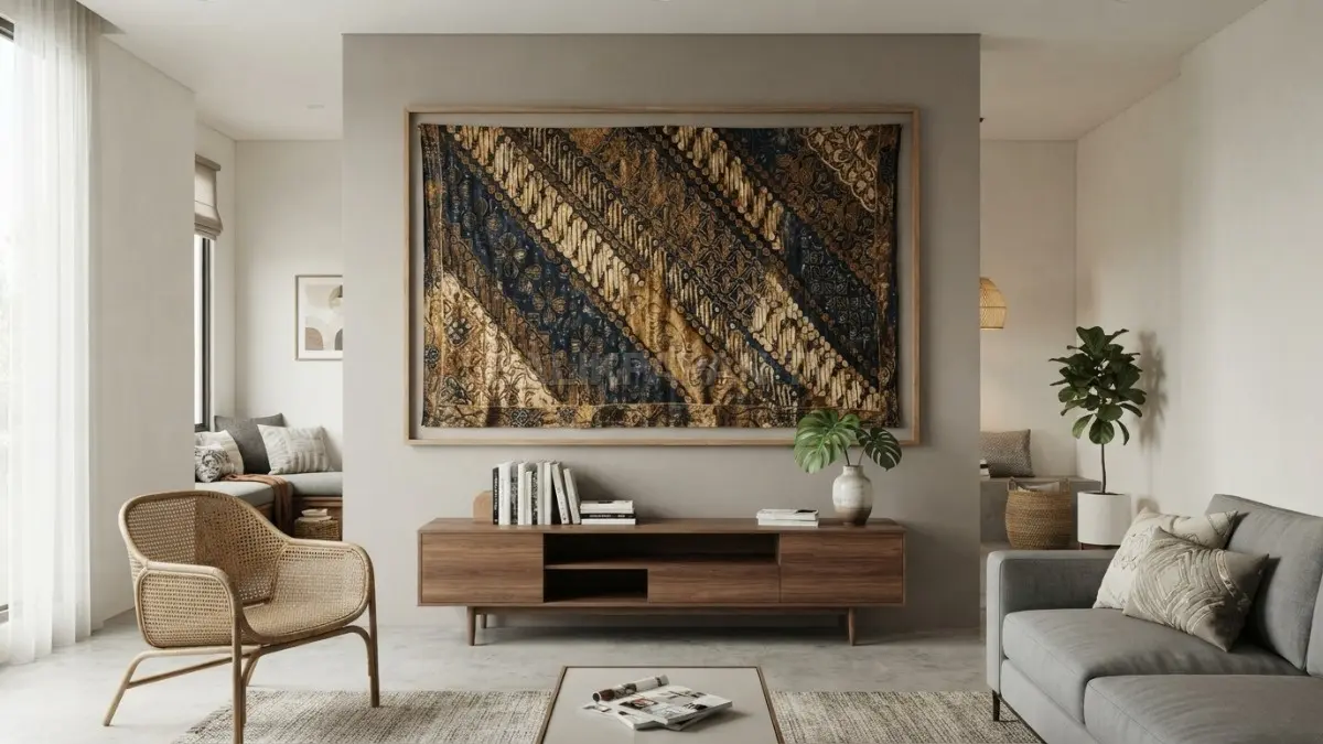 Kain batik besar menjadi dekorasi dinding berkarakter, menghadirkan motif tradisional sebagai aksen interior elegan. (BTV/AI)