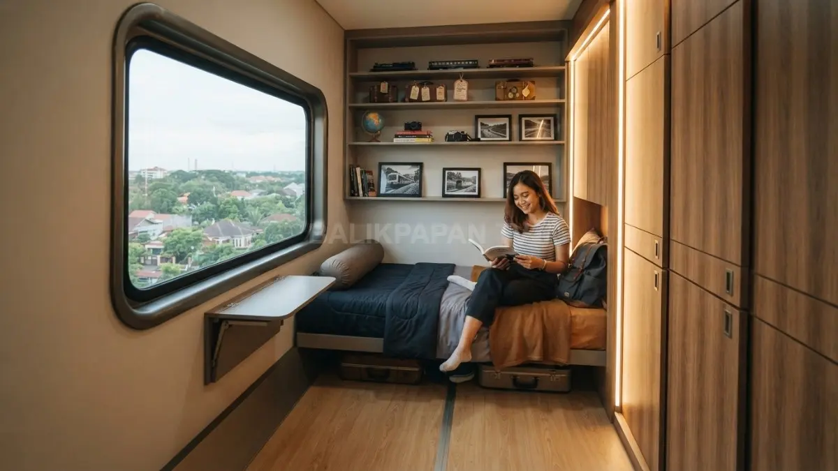 Kamar ala gerbong kereta memanfaatkan lorong, penyimpanan vertikal, ranjang kompak, serta pencahayaan linear hangat. (BTV/AI)