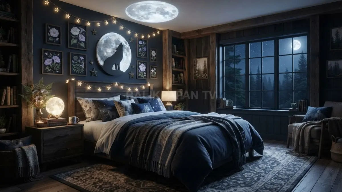 Kamar ala serigala menghadirkan nuansa hutan malam melalui bunga bulan, ornamen bintang, dan lampu bulan berputar. (BTV/AI)