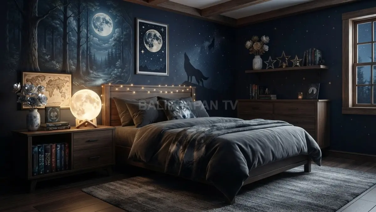 Kamar ala serigala menghadirkan nuansa hutan malam melalui bunga bulan, ornamen bintang, dan lampu bulan. (BTV/AI)