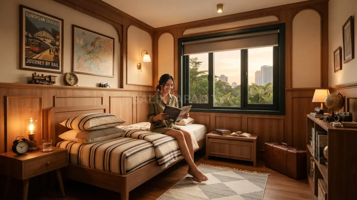 Kamar bergaya gerbong kereta Eropa memadukan panel kayu, pencahayaan hangat, dekorasi perjalanan, dan furnitur elegan. (BTV/AI)