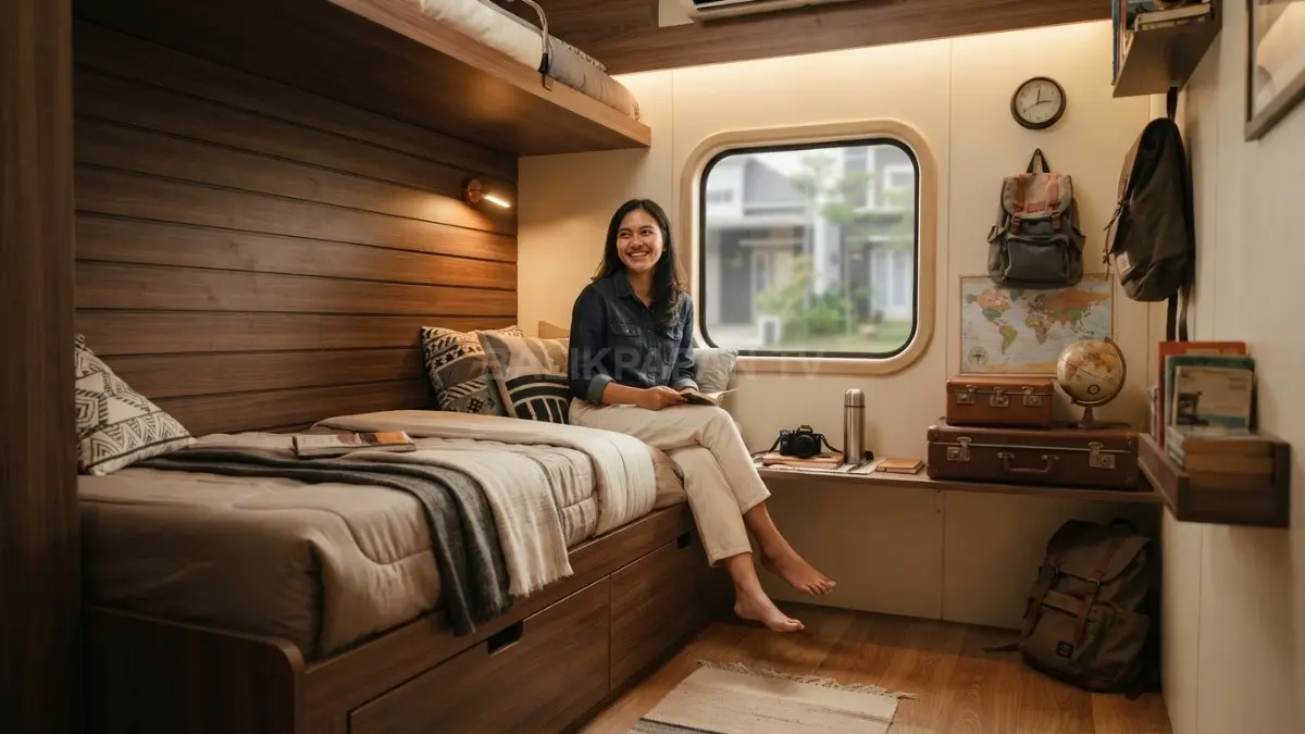 Kamar bergaya gerbong kereta menghadirkan ranjang memanjang, panel kayu, lampu baca, dan penyimpanan multifungsi. (BTV/AI)