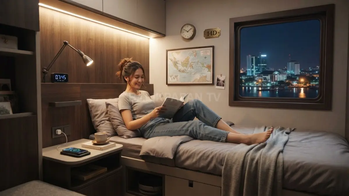 Kamar bergaya gerbong kereta modern memadukan ranjang kompak, lampu LED, teknologi pintar, dan furnitur multifungsi. (BTV/AI)