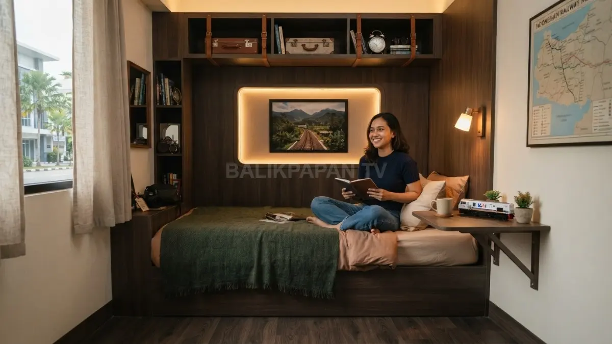 Kamar bernuansa gerbong kereta memadukan ranjang kompak, jendela kabin, rak kompartemen, dan dekorasi perjalanan. (BTV/AI)
