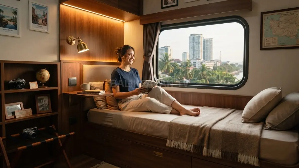Kamar bernuansa gerbong kereta menghadirkan ranjang memanjang, jendela kabin, lampu hangat, dan dekorasi perjalanan. (BTV/AI)