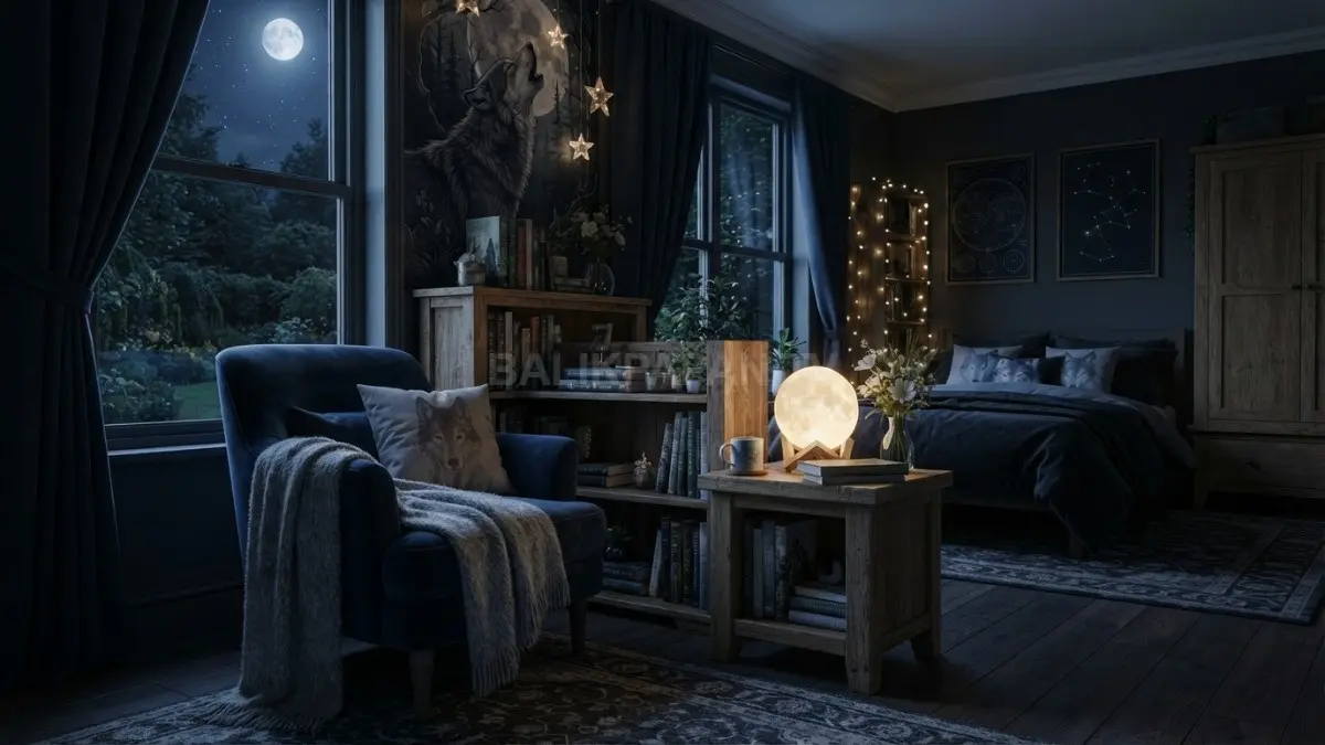 Kamar fantasi ala serigala menghadirkan sudut baca nyaman dengan cahaya bulan, bunga, bintang, dan ornamen. (BTV/AI)