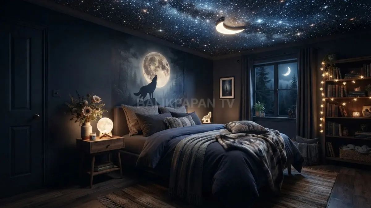 Kamar fantasi serigala menghadirkan langit-langit berbintang, cahaya bulan, bunga bulan, dan nuansa malam misterius. (BTV/AI)