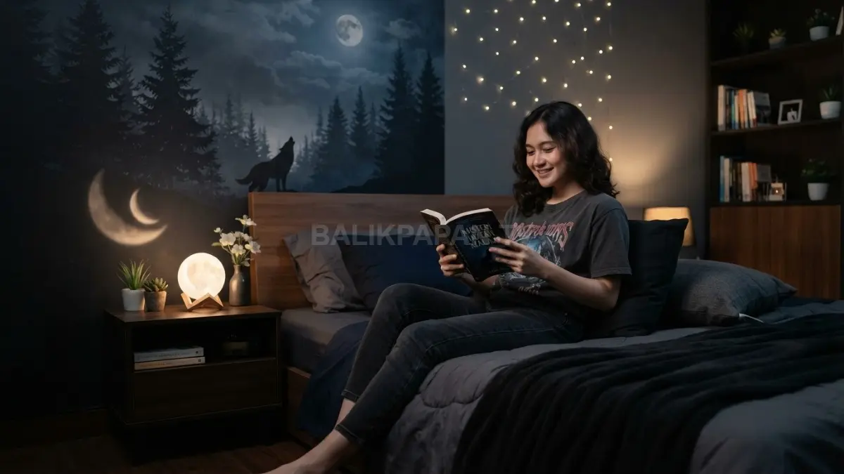 Kamar hutan malam menghadirkan mural pepohonan, siluet serigala, bunga bulan, bintang, dan lampu bulan berputar. (BTV/AI)