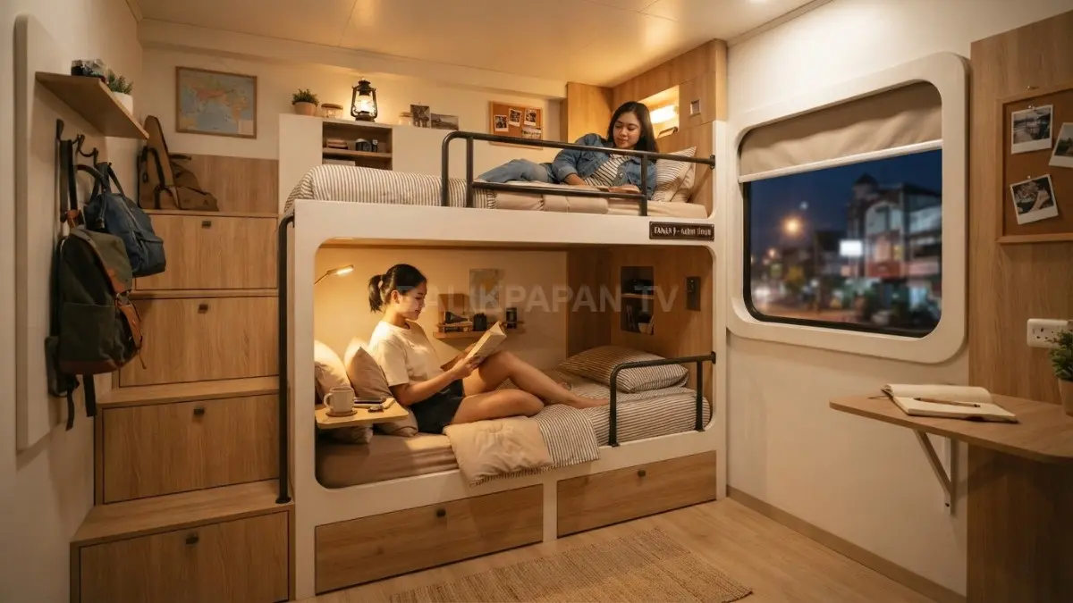 Kamar kabin kereta menghadirkan ranjang bertingkat, lampu baca, rak penyimpanan, dan dekorasi perjalanan yang nyaman. (BTV/AI)